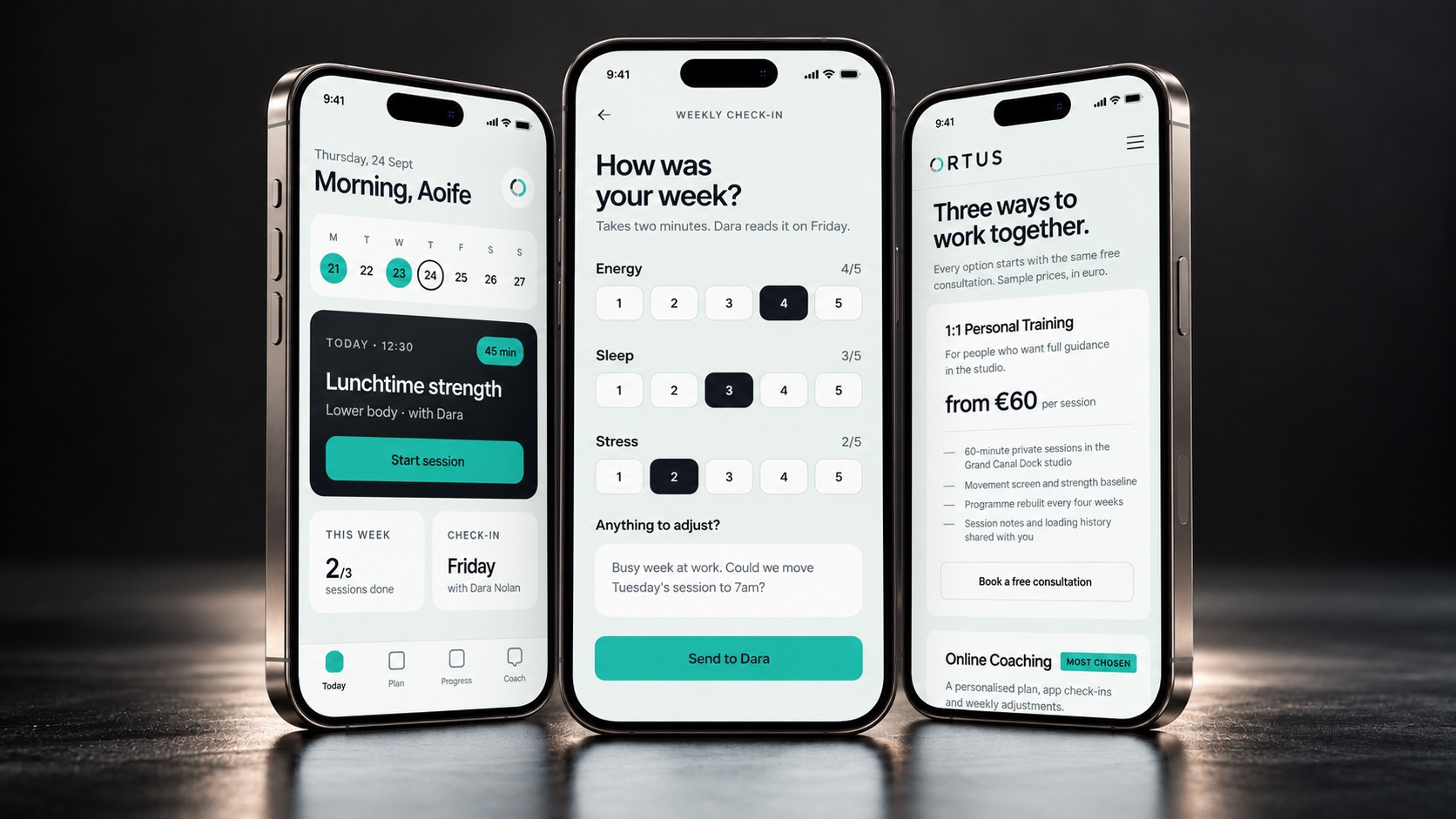 Three phones showing the ORTUS client app