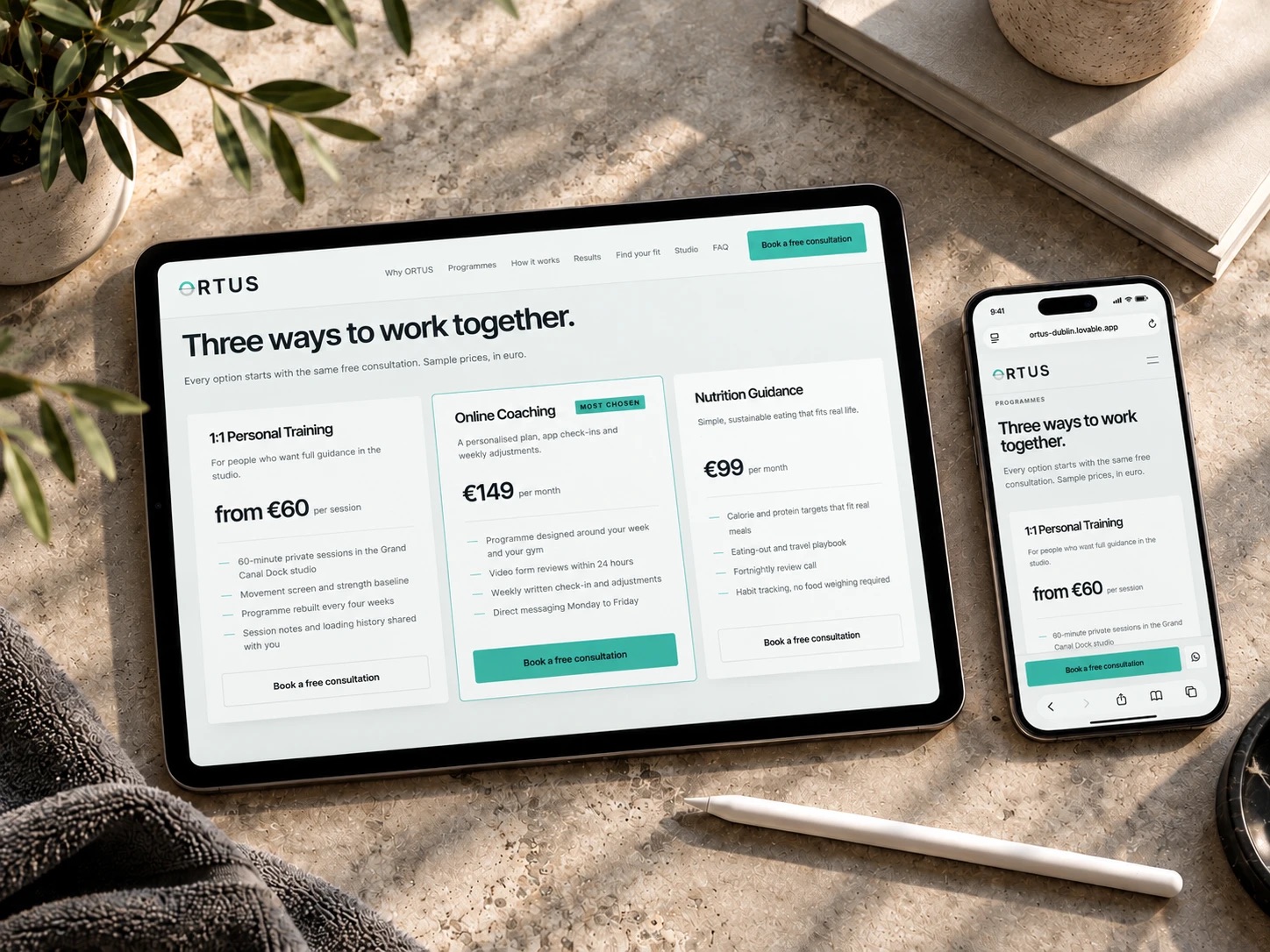 The ORTUS website on a tablet and a phone