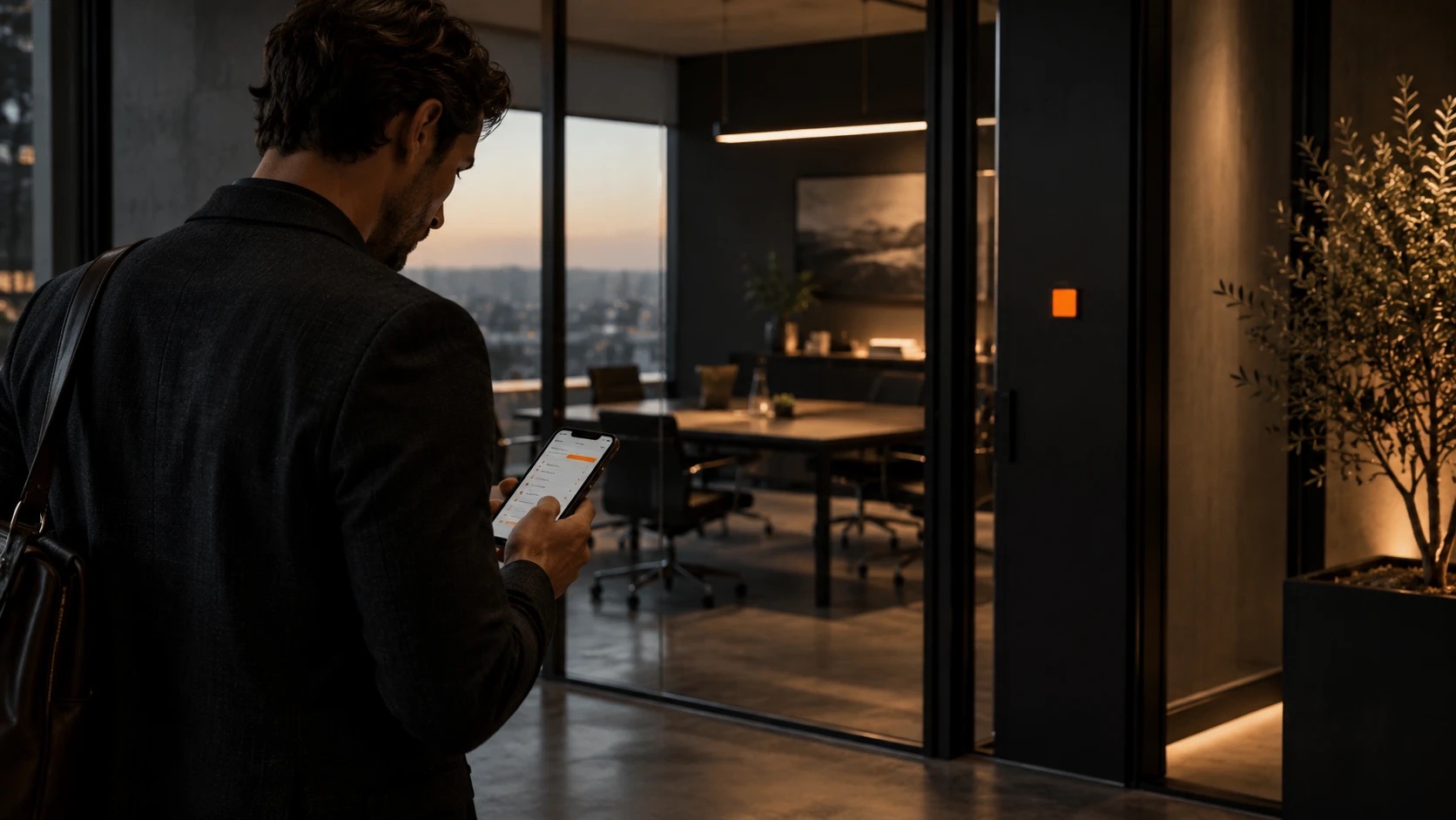 A man checking a phone as he walks past a glass meeting room at dusk