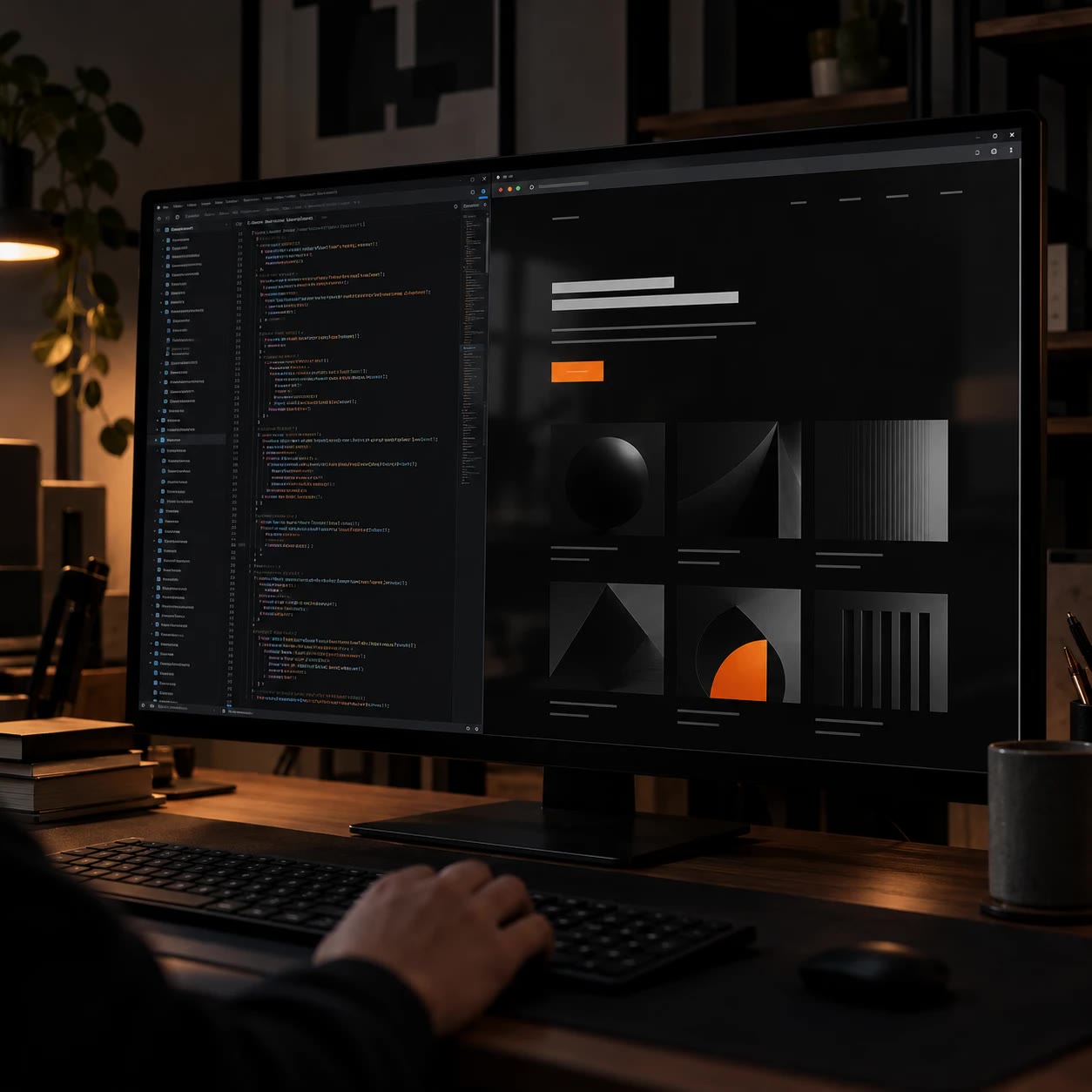 A dark desk with a monitor showing code on one side and a website with an orange button on the other