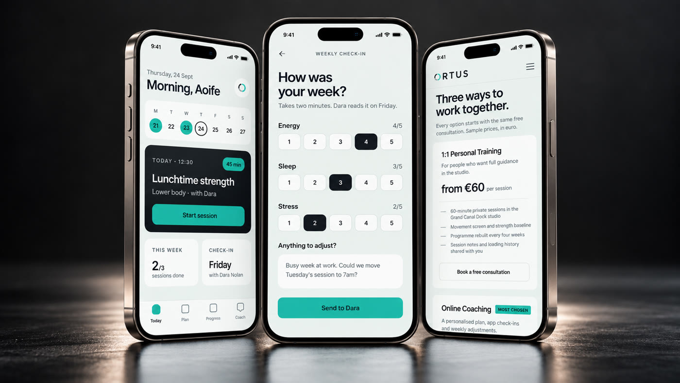 Three phones showing the ORTUS client app